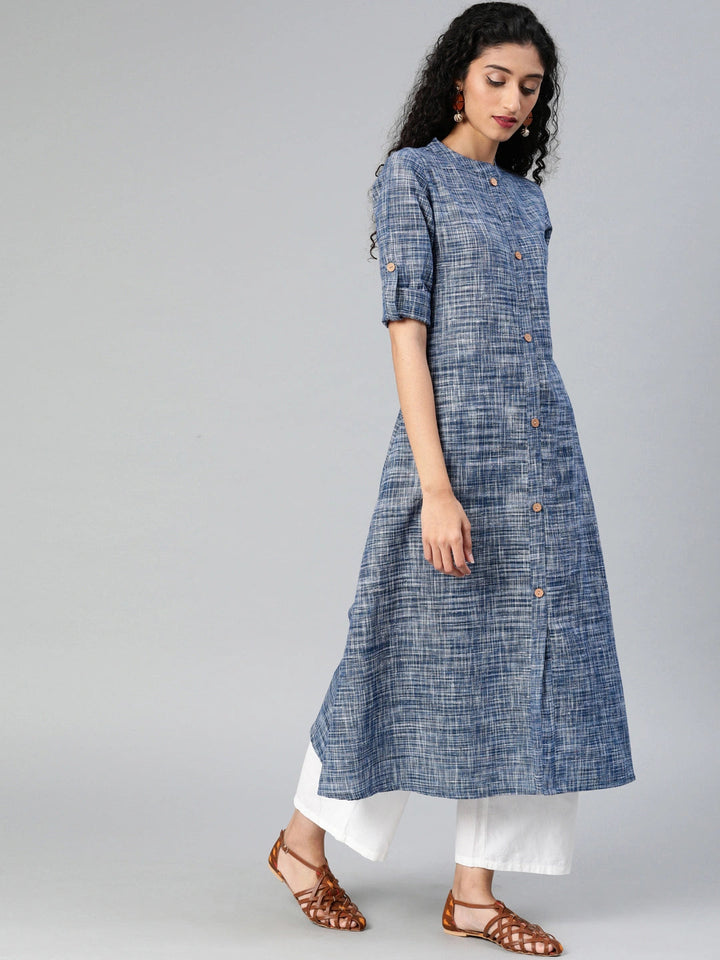 Blue & White A-Line Handwoven Kurta-Yufta Store-7262KURBLS