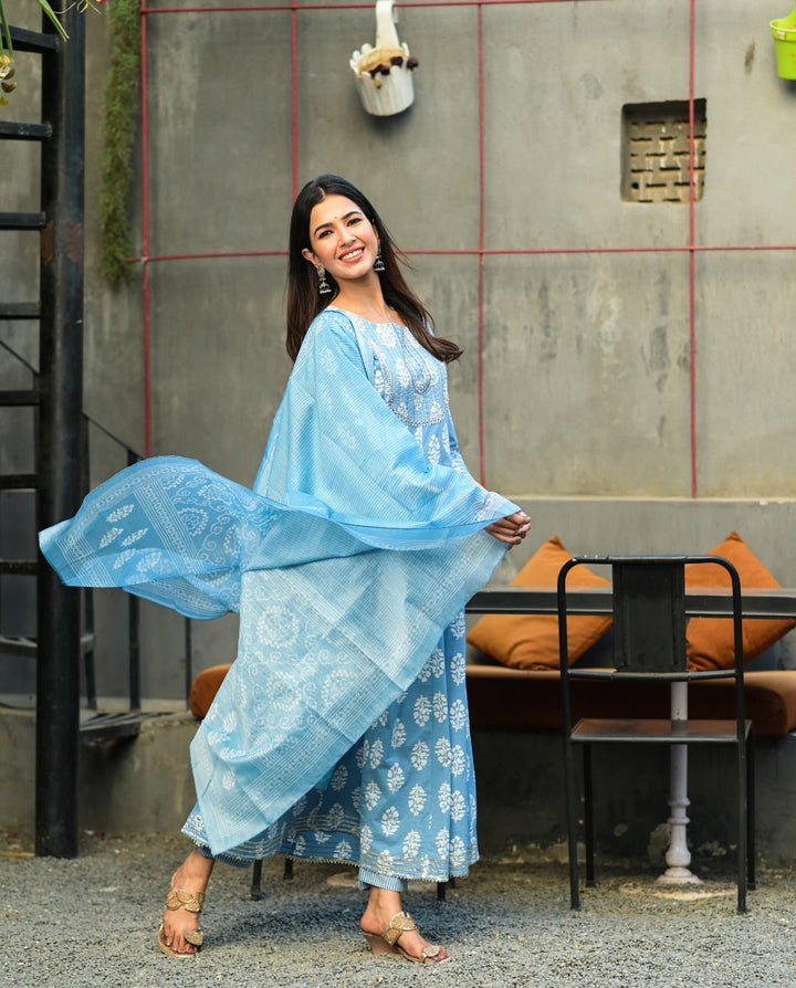 Blue & White Embroidered Handblock Anarkali Kurta With Trousers & Dupatta-Yufta Store-2322SKDBLM