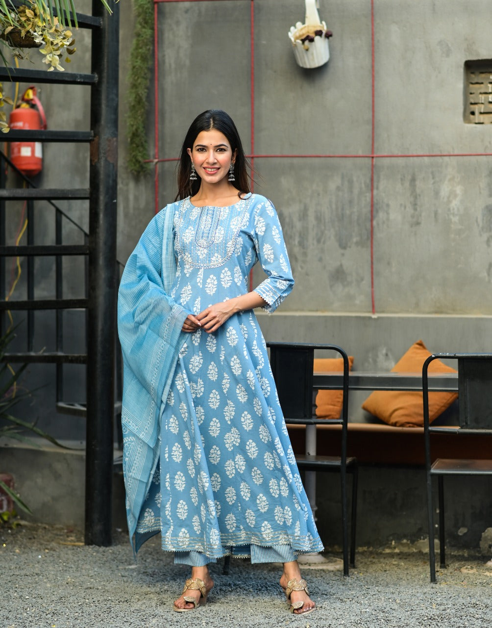 Blue & White Embroidered Handblock Anarkali Kurta With Trousers & Dupatta-Yufta Store-2322SKDBLM