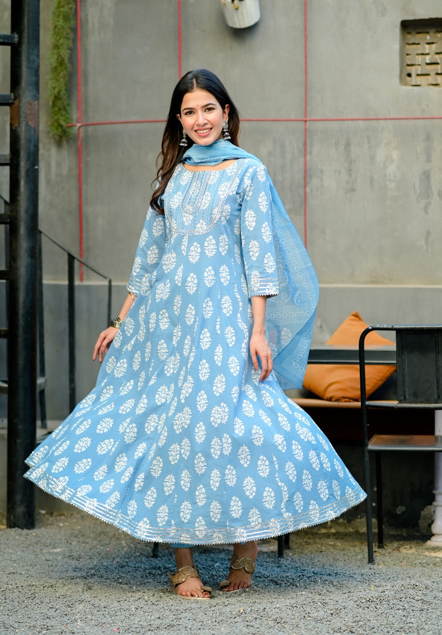 Blue & White Embroidered Handblock Anarkali Kurta With Trousers & Dupatta-Yufta Store-2322SKDBLM