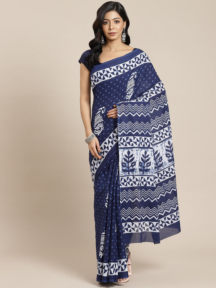 Blue & White Ethnic Motifs Saree-Yufta Store-6021SARBL