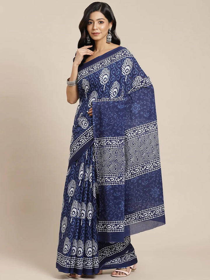 Blue & White Ethnic Motifs Saree-Yufta Store-6022SARBL