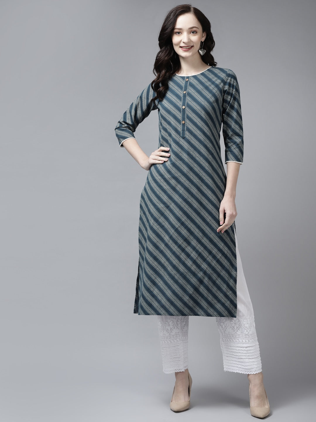 Blue & White Ethnic Printed Kurta-Yufta Store-9560KURBLS