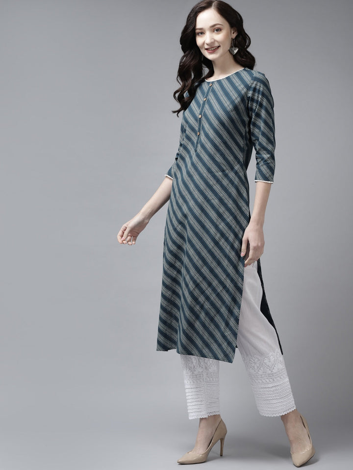 Blue & White Ethnic Printed Kurta-Yufta Store-9560KURBLS