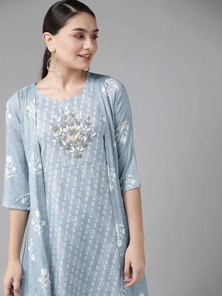 Blue & White Floral Printed Dress with Jacket-Yufta Store-4605DRSBLS