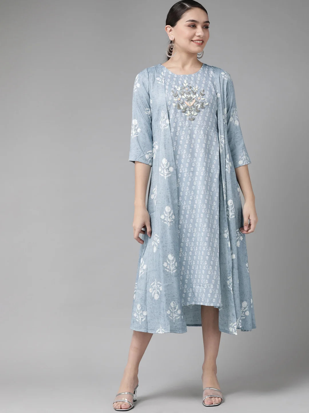 Blue & White Floral Printed Dress with Jacket-Yufta Store-4605DRSBLS