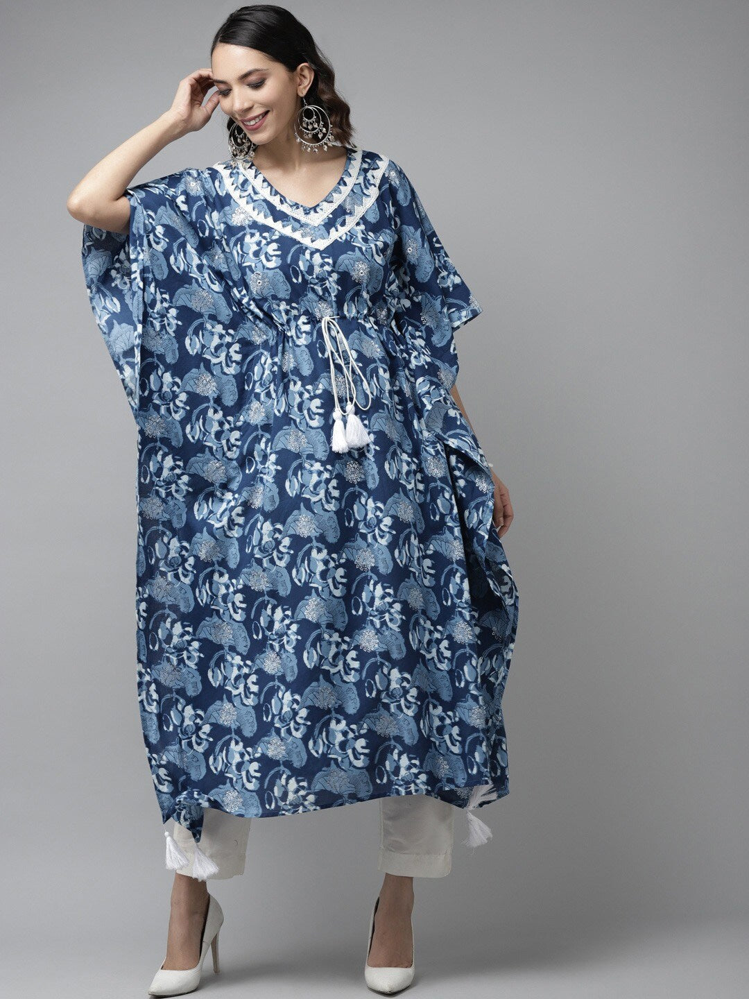 Blue & White Floral Printed Kaftan-Yufta Store-9286KFTBLS