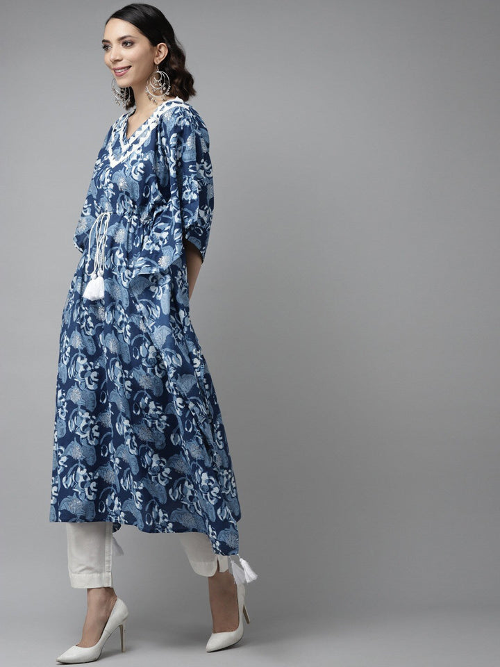 Blue & White Floral Printed Kaftan-Yufta Store-9286KFTBLS