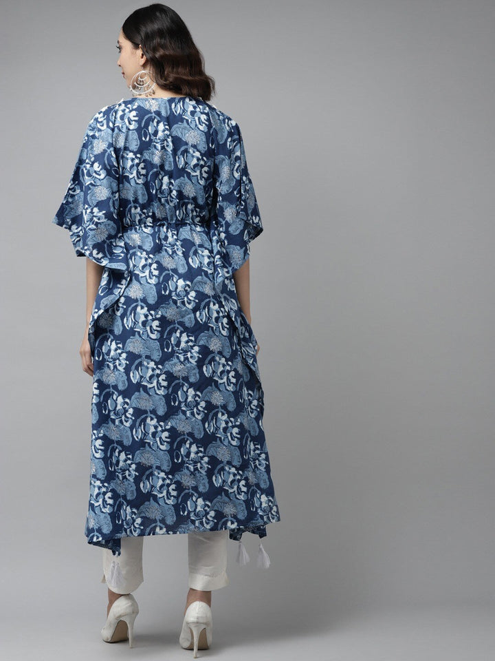 Blue & White Floral Printed Kaftan-Yufta Store-9286KFTBLS