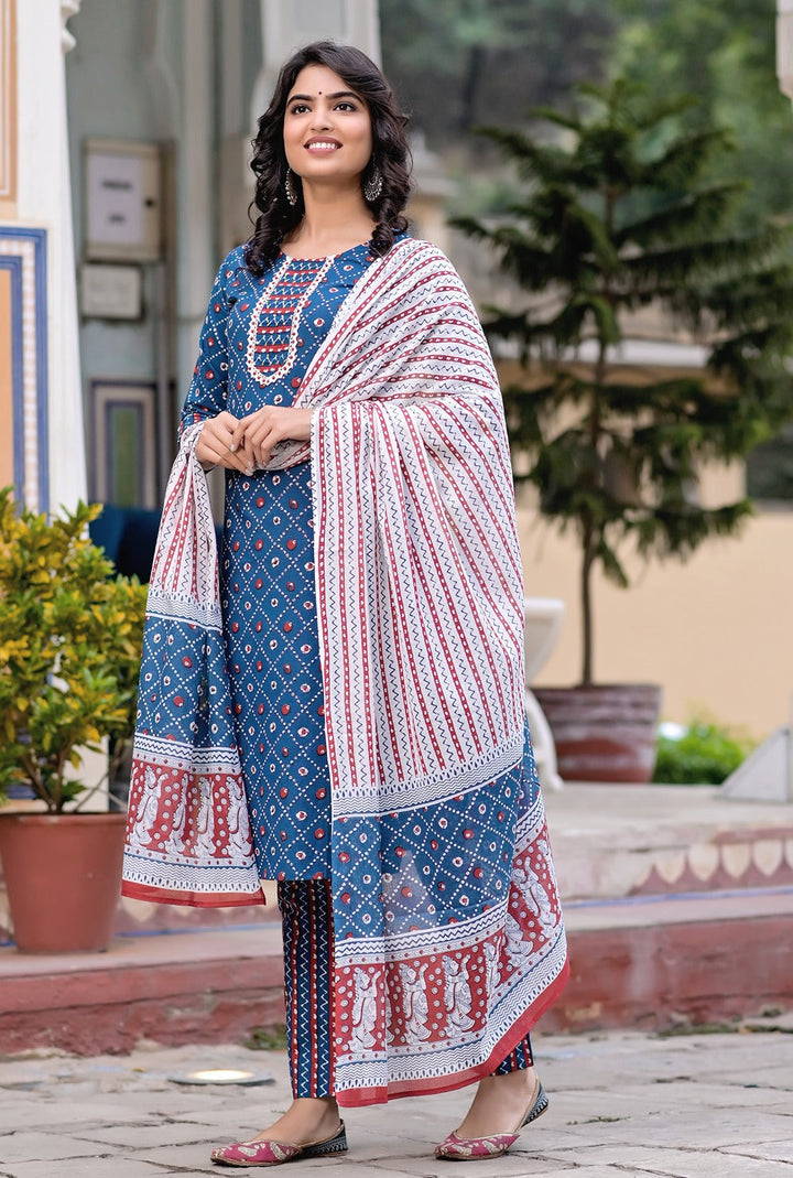 Blue & White Geometric Printed Dupatta Set-Yufta Store-9452SKDBLS