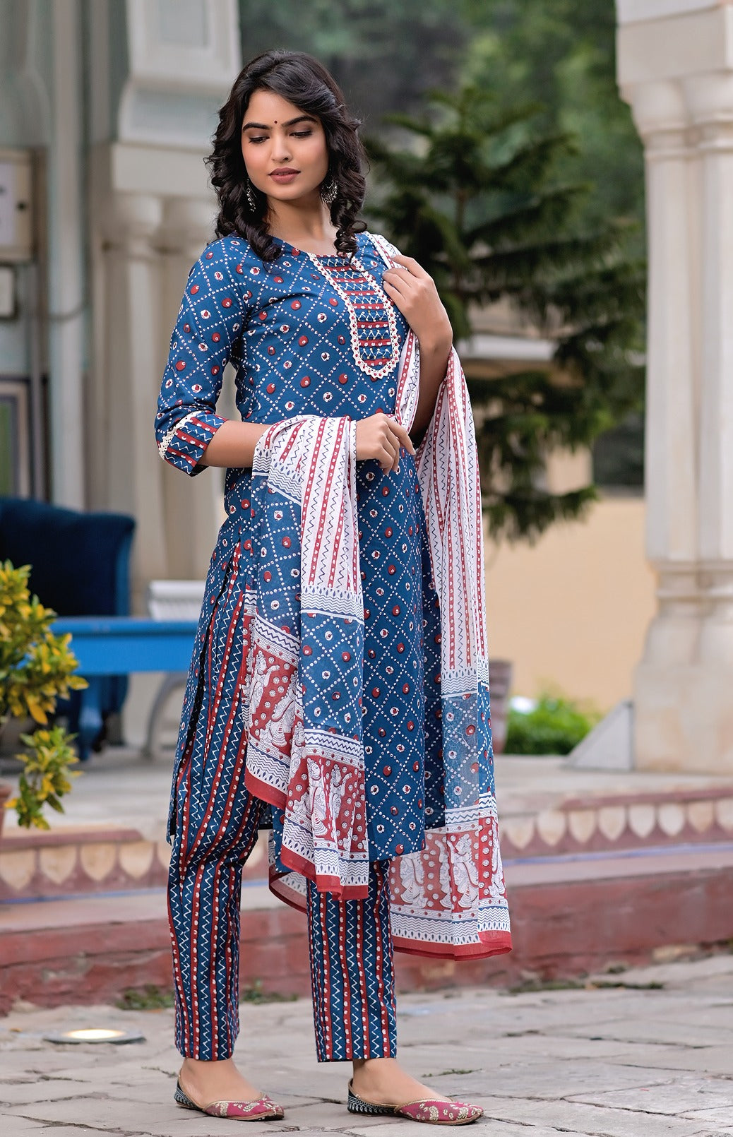 Blue & White Geometric Printed Dupatta Set-Yufta Store-9452SKDBLS