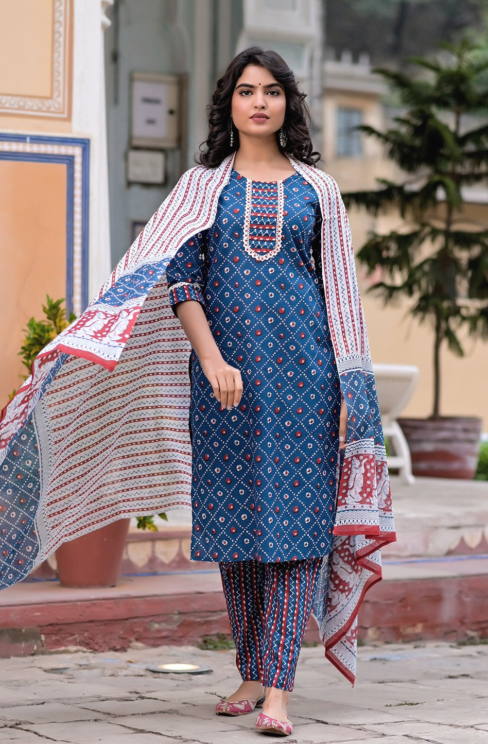 Blue & White Geometric Printed Dupatta Set-Yufta Store-9452SKDBLS