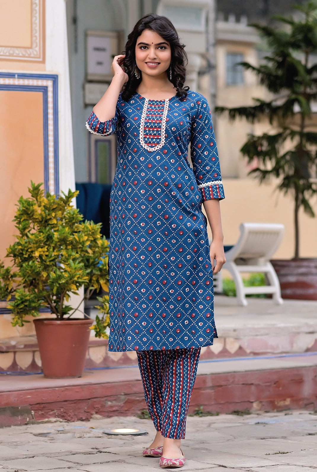 Blue & White Geometric Printed Dupatta Set-Yufta Store-9452SKDBLS