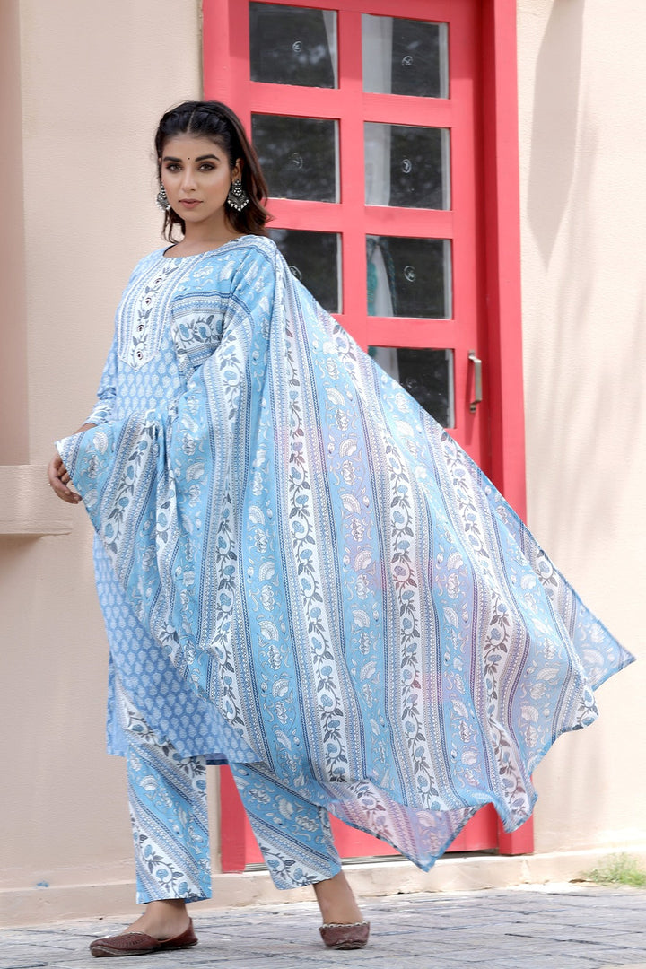 Blue & White Printed Gota-Patti Dupatta Set-Yufta Store-2016SKDBLS