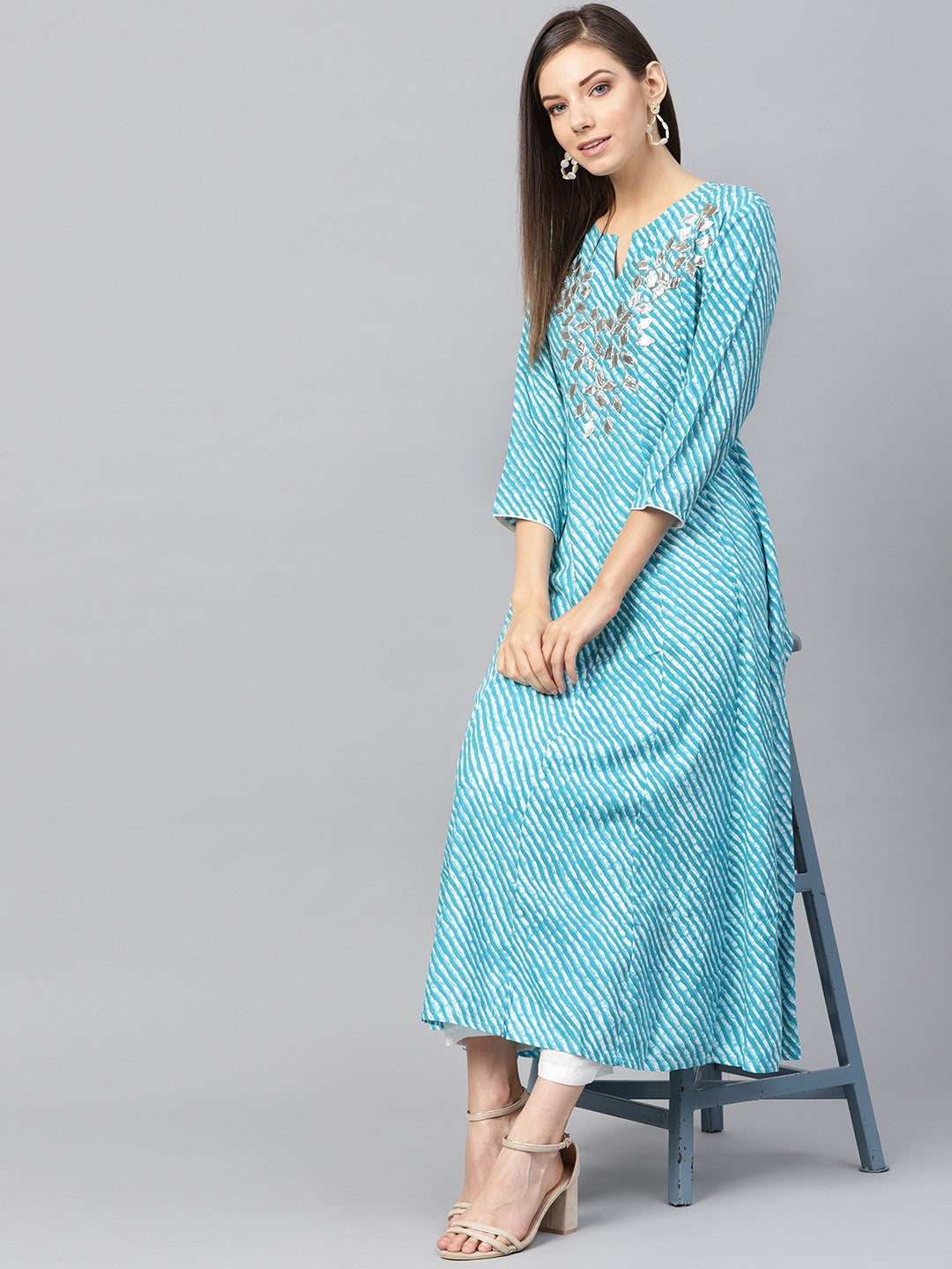 Blue & White Printed Kurta-Yufta Store-1756KURBLS