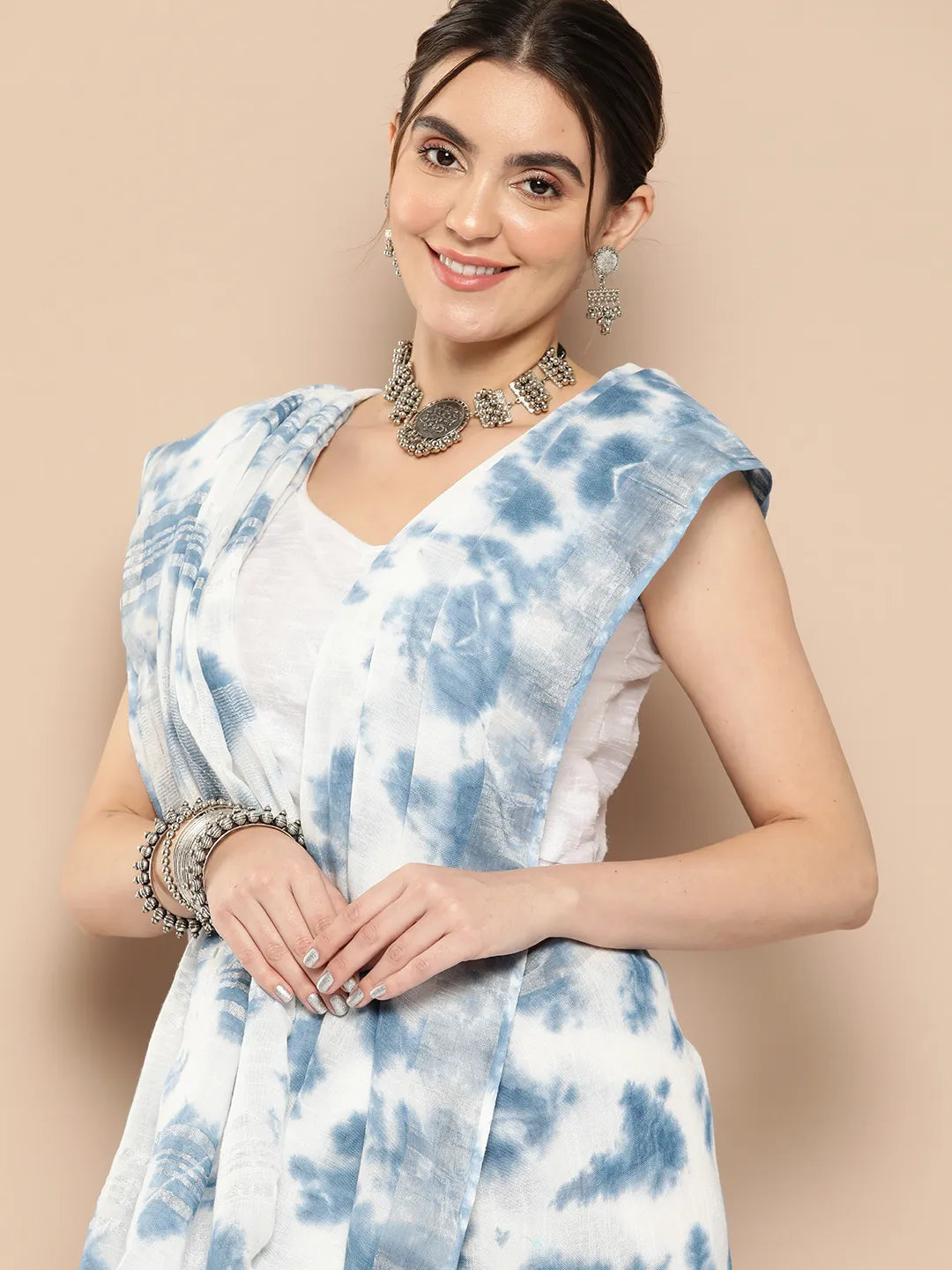 Blue & White Tie-Dye Zari Handwoven Saree-Yufta Store-6030SARSB