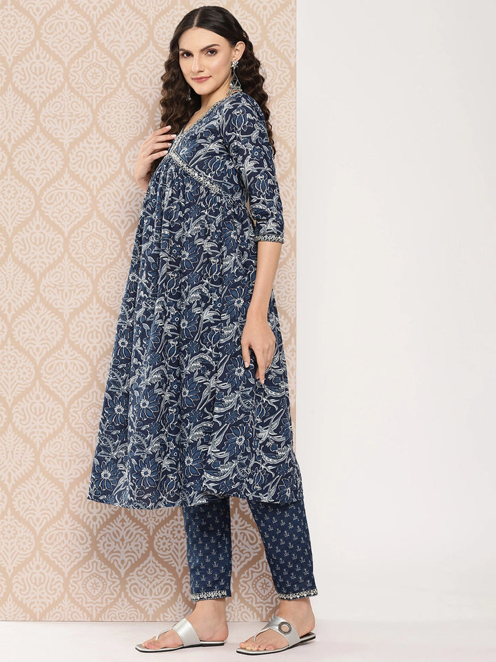Blue Women Floral Embroidered Regular Pure Cotton Kurta with Trousers & With Dupatta-Yufta Store-1252SKDBLS