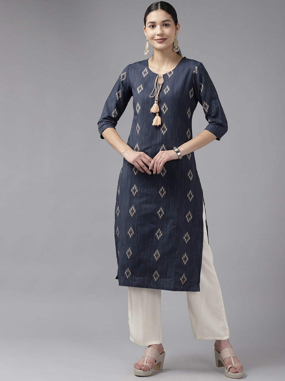 Blue Woven Design Straight Kurta-Yufta Store-1115KURBLS