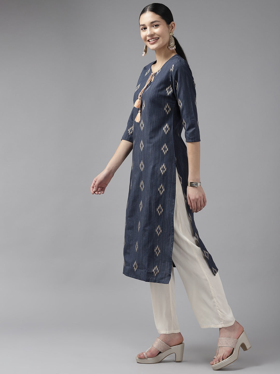 Blue Woven Design Straight Kurta-Yufta Store-1115KURBLS