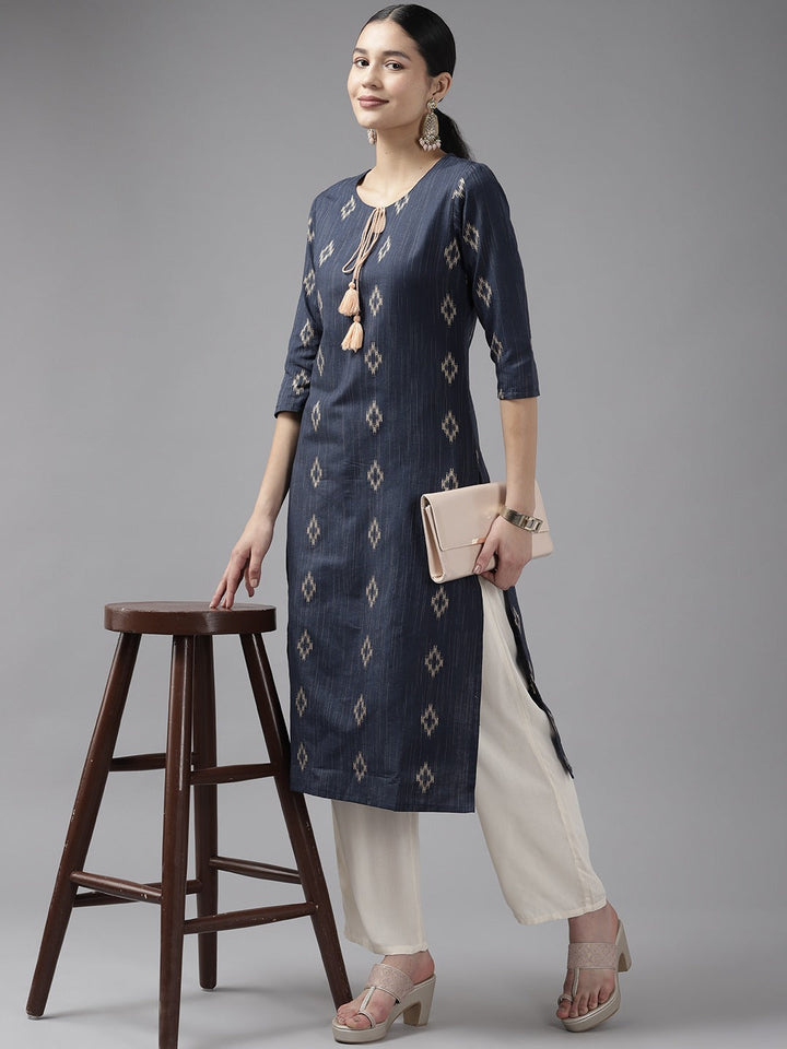 Blue Woven Design Straight Kurta-Yufta Store-1115KURBLS