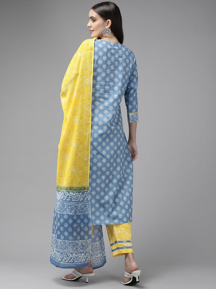 Blue & Yellow Ethnic Printed Dupatta Set