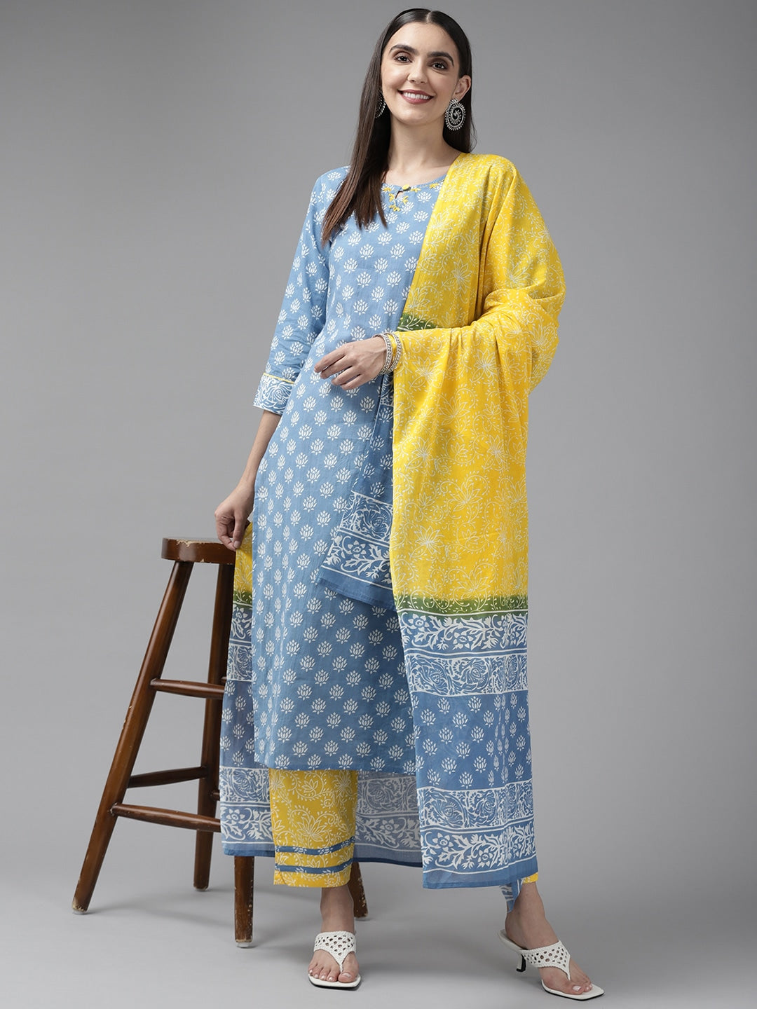 Blue & Yellow Ethnic Printed Dupatta Set-Yufta Store-9424SKDBLS