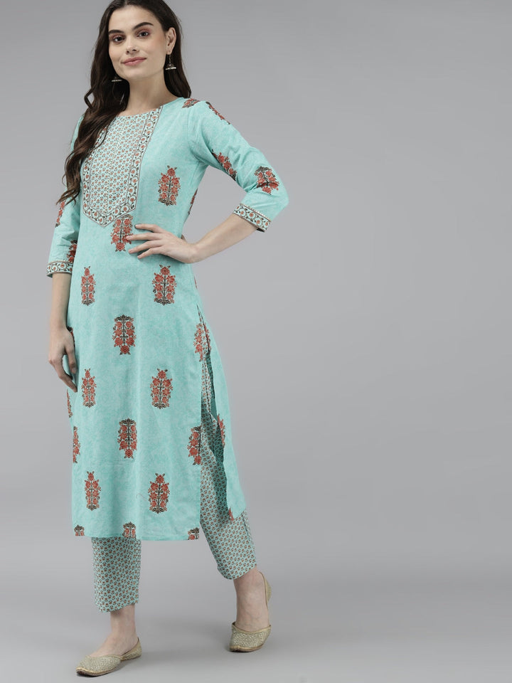 Blue and Peach Printed Dupatta Set-Yufta Store-7590SETBLS