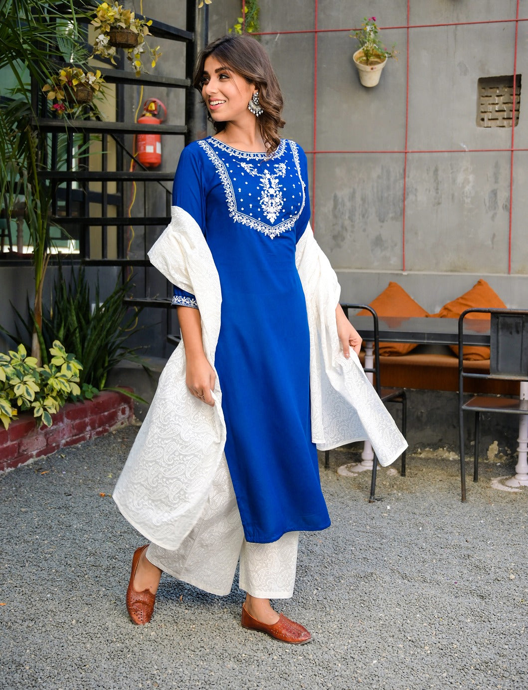 Blue and White Embroidered Dupatta Set