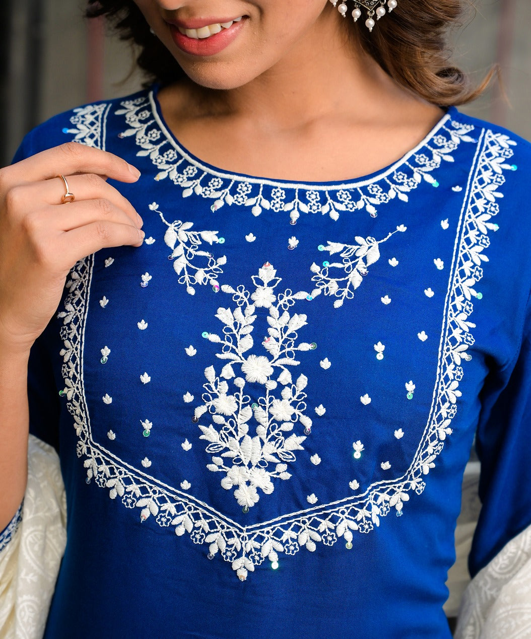 Blue and White Embroidered Dupatta Set-Yufta Store-7501SETBLS