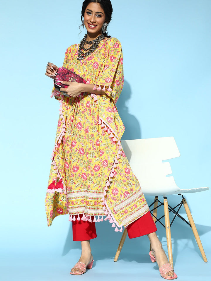 Bright Yellow Printed Kaftan Kurta-Yufta Store-9536KFTYLS