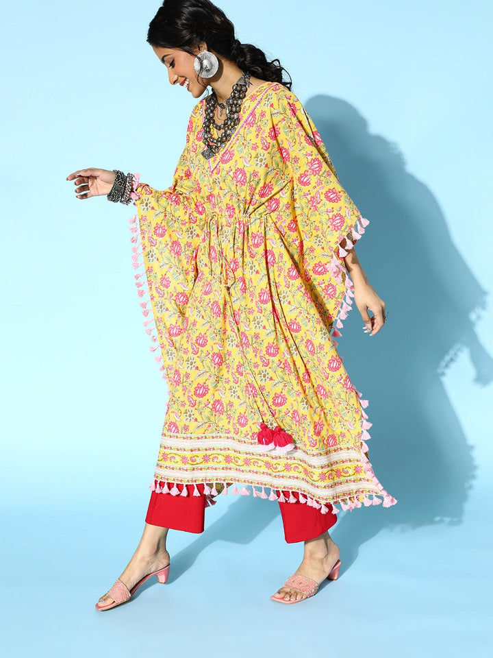 Bright Yellow Printed Kaftan Kurta-Yufta Store-9536KFTYLS