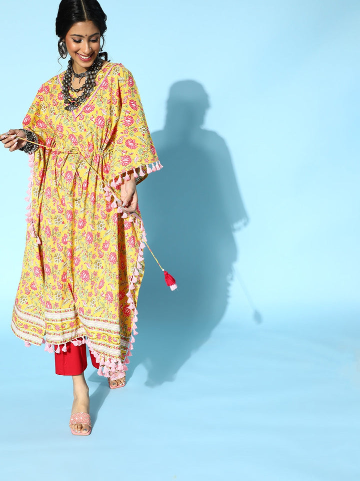 Bright Yellow Printed Kaftan Kurta-Yufta Store-9536KFTYLS