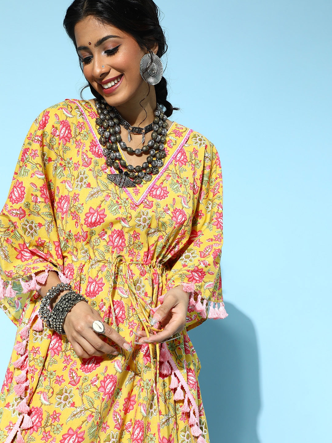 Bright Yellow Printed Kaftan Kurta-Yufta Store-9536KFTYLS