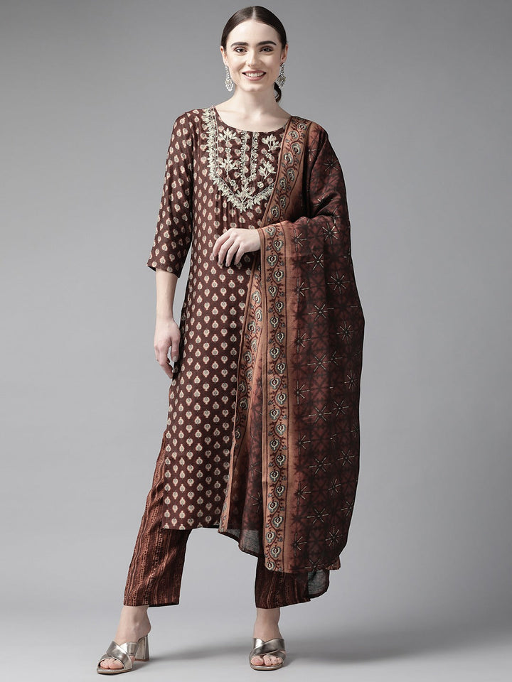 Brown Beads Dupatta Set-Yufta Store-9944SKDBRS