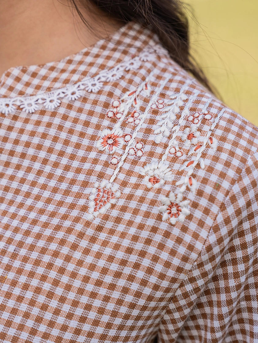 Brown Cotton Checks Embroidery Top