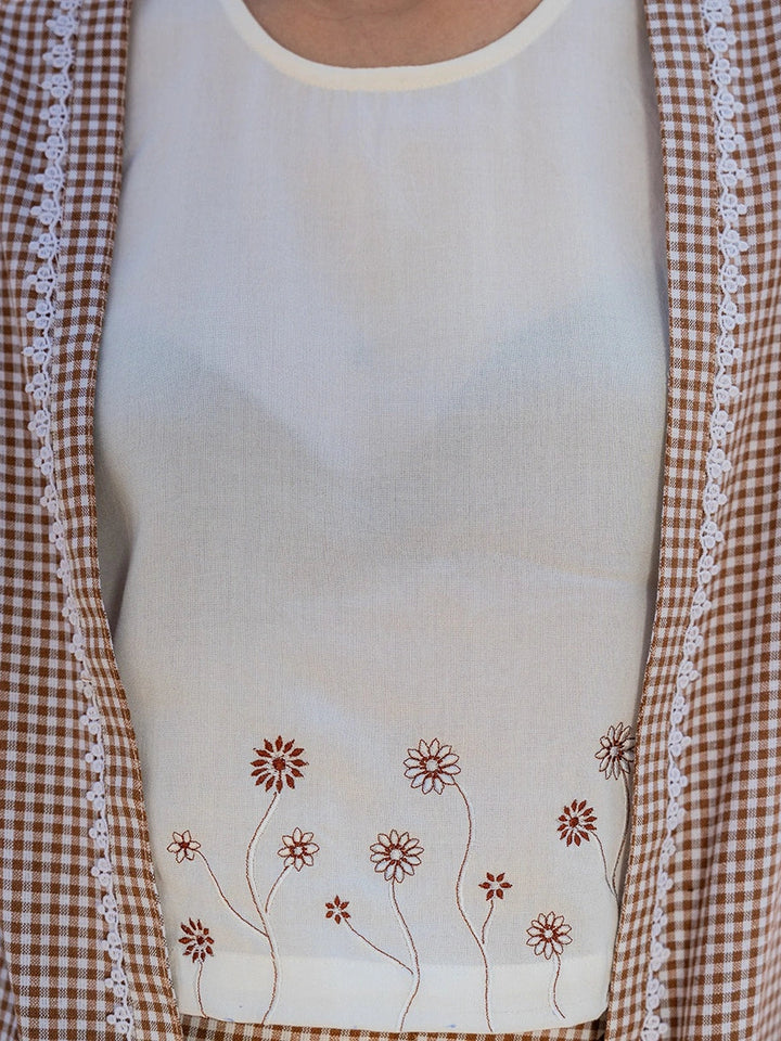 Brown Cotton Checks Print Co-Ord Set With Embroidery-Yufta Store-1515CRDBRS