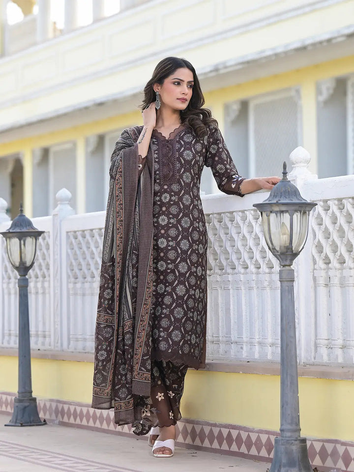 Brown Ethnic Motifs Pakistani Style Kurta Trouser And Dupatta Set-Yufta Store-6888SKDBRM