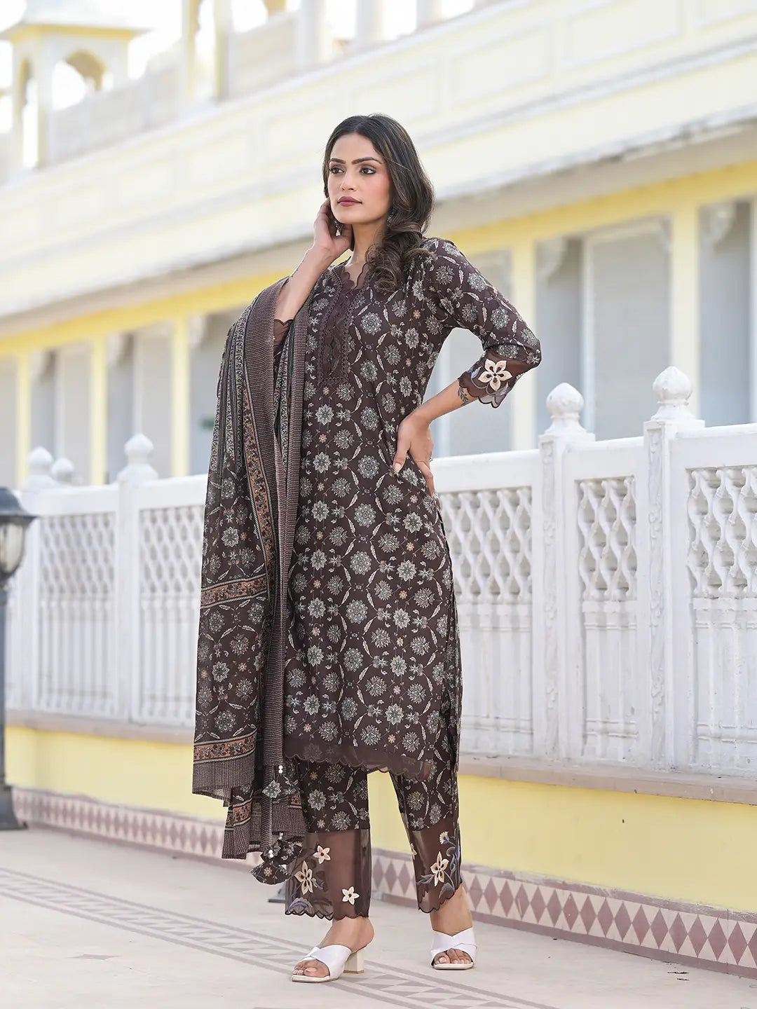 Brown Ethnic Motifs Pakistani Style Kurta Trouser And Dupatta Set
