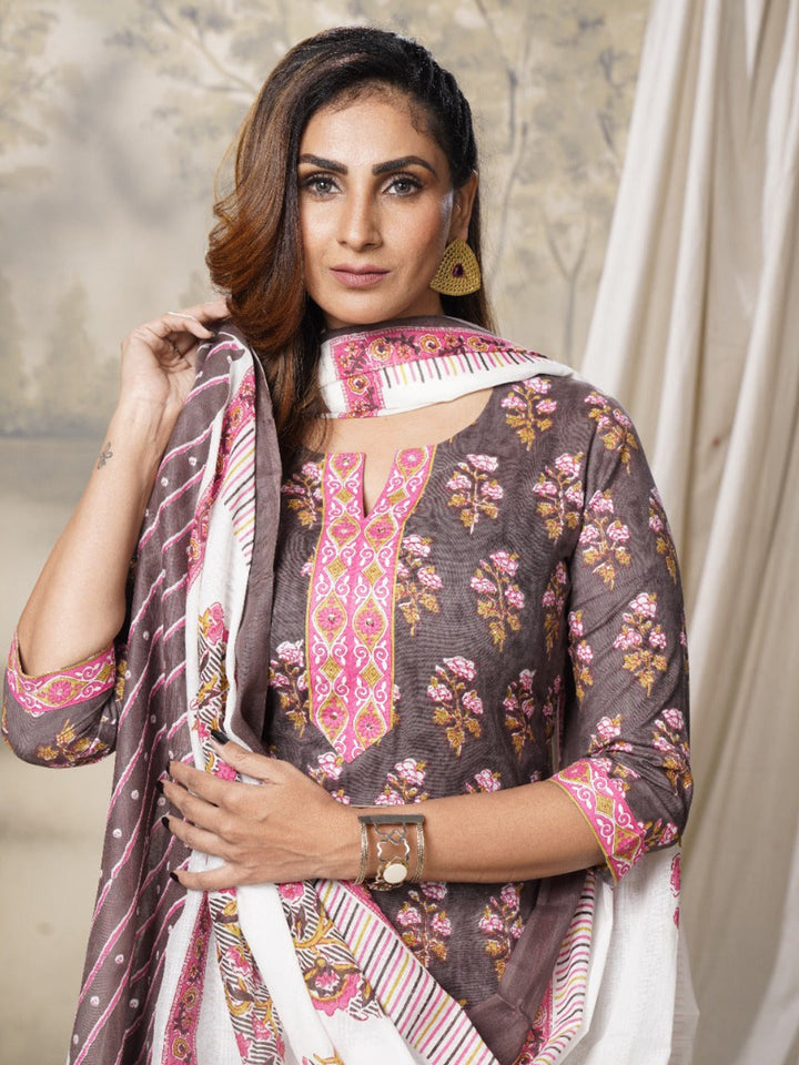 Brown Ethnic Motifs Printed Pure Cotton Dupatta Set-Yufta Store-9995SKDBRS