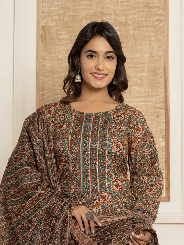 Brown Ethnic Motifs,Sequins_Work Cotton Straight Kurta And Trousers With Dupatta Set