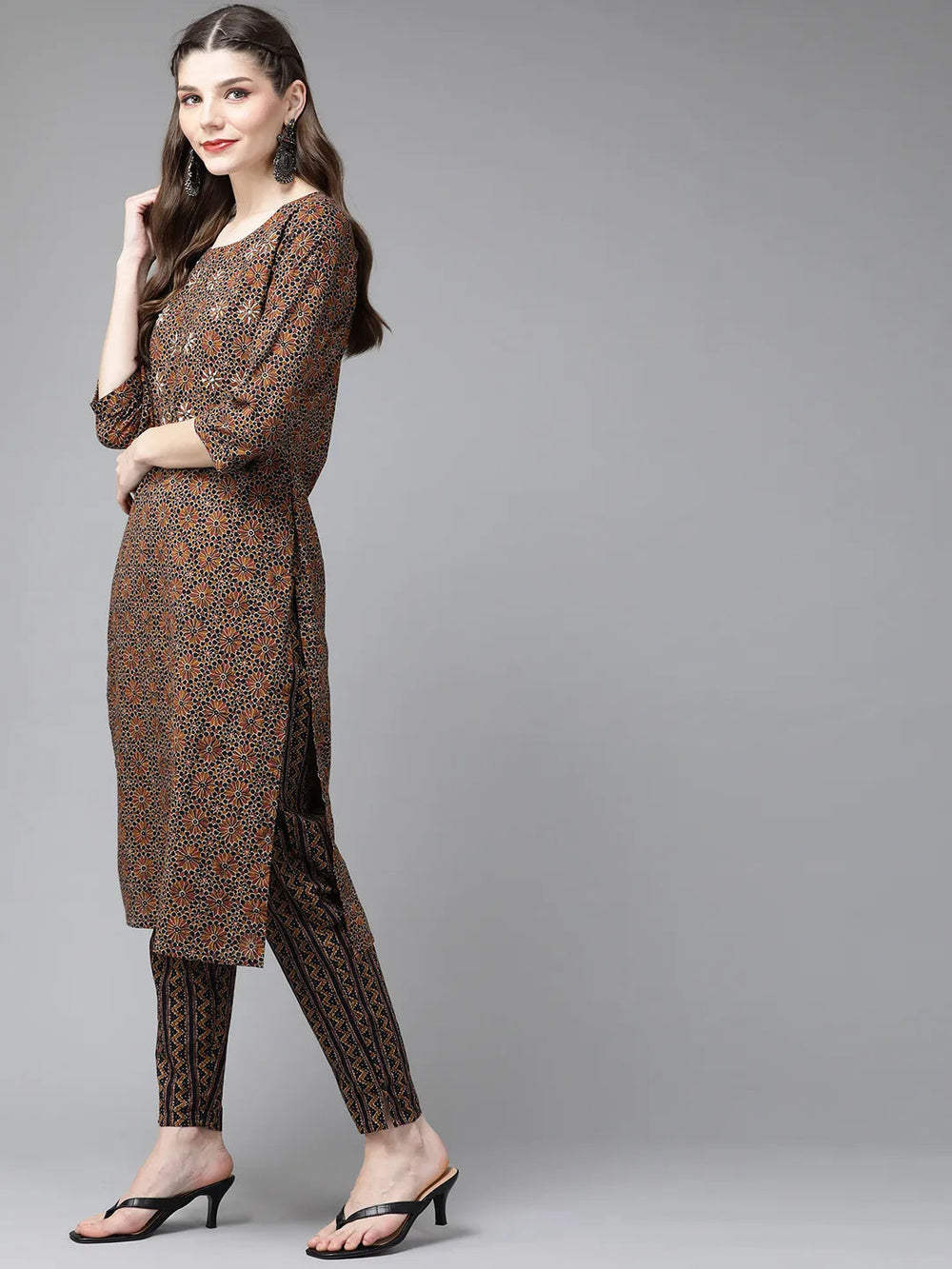 Brown Ethnic Printed Kurta Set-Yufta Store-4711SETBRS