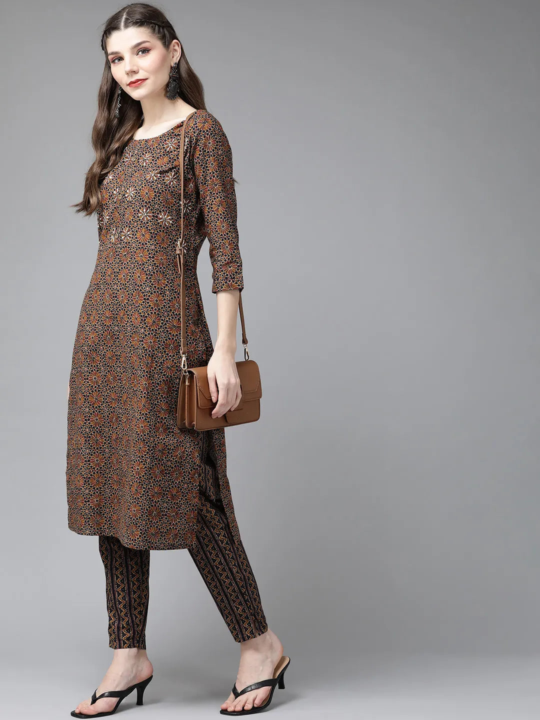 Brown Ethnic Printed Kurta Set-Yufta Store-4711SETBRS