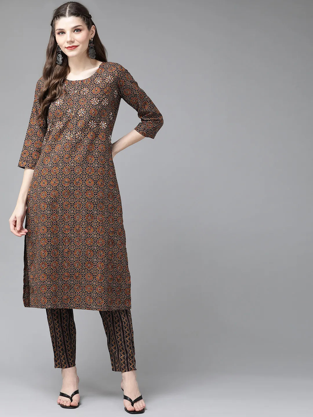 Brown Ethnic Printed Kurta Set-Yufta Store-4711SETBRS