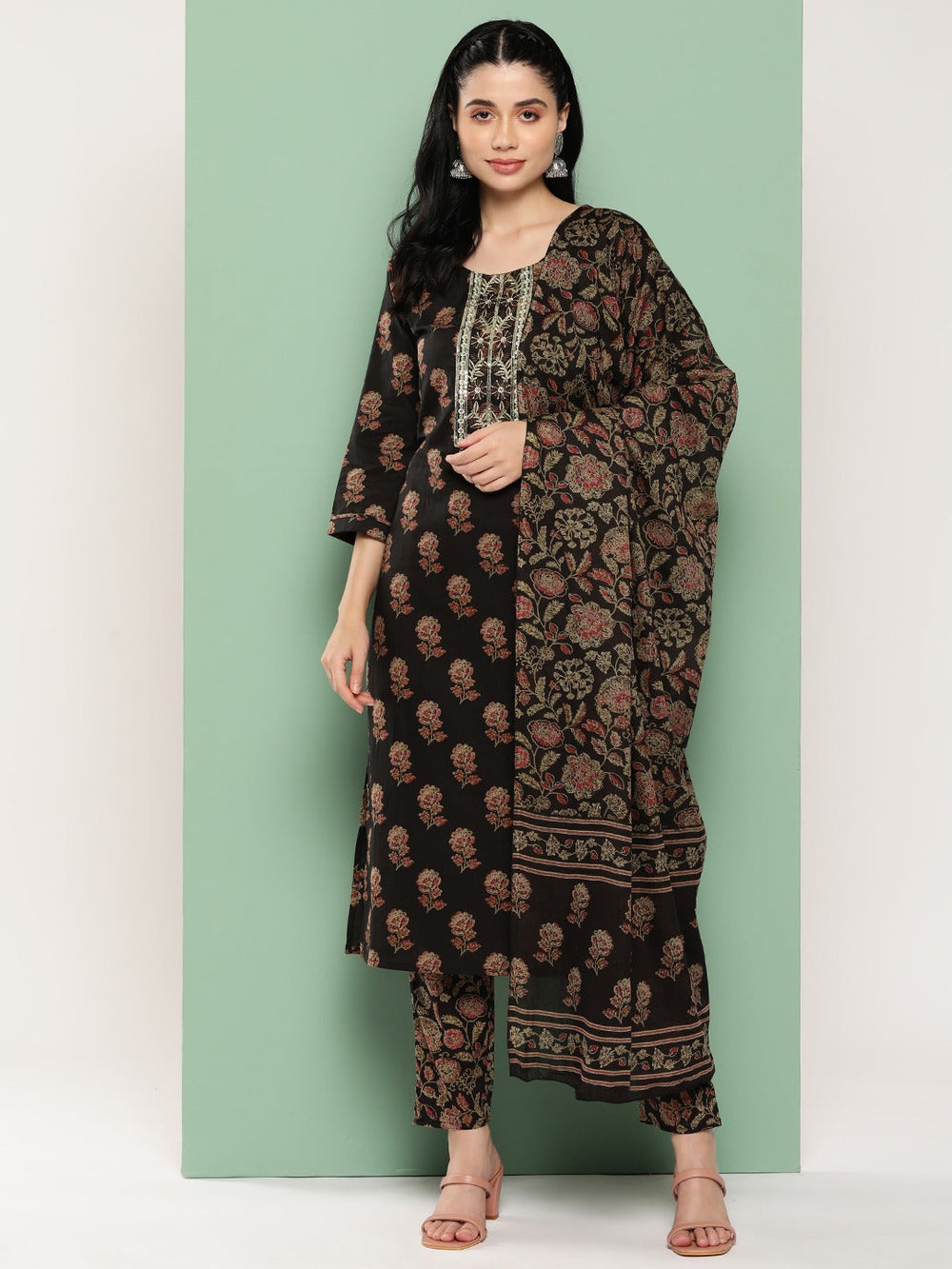 Brown Floral Embroidered Gotta Patti Pure Cotton Kurta with Trousers & Dupatta Set