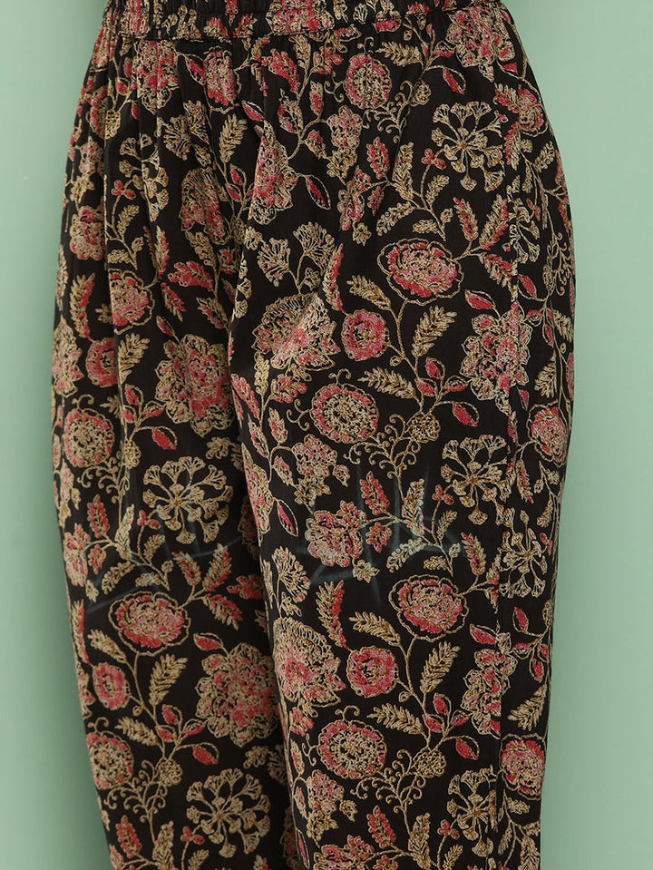Brown Floral Embroidered Gotta Patti Pure Cotton Kurta with Trousers & Dupatta Set-Yufta Store-1447SKDBRS