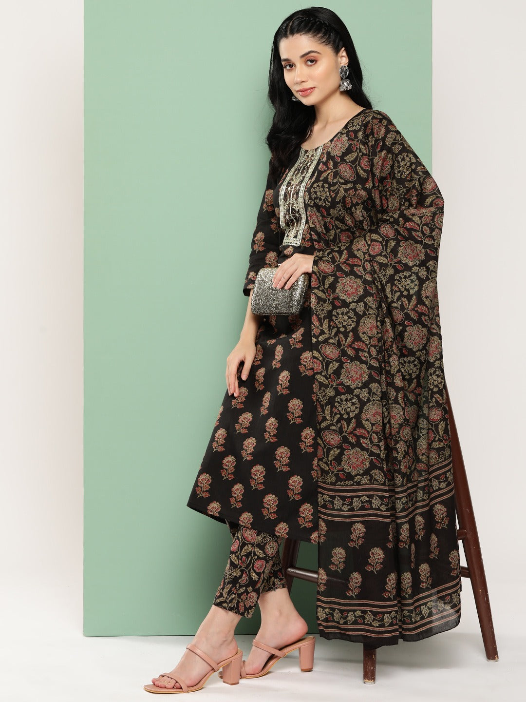 Brown Floral Embroidered Gotta Patti Pure Cotton Kurta with Trousers & Dupatta Set