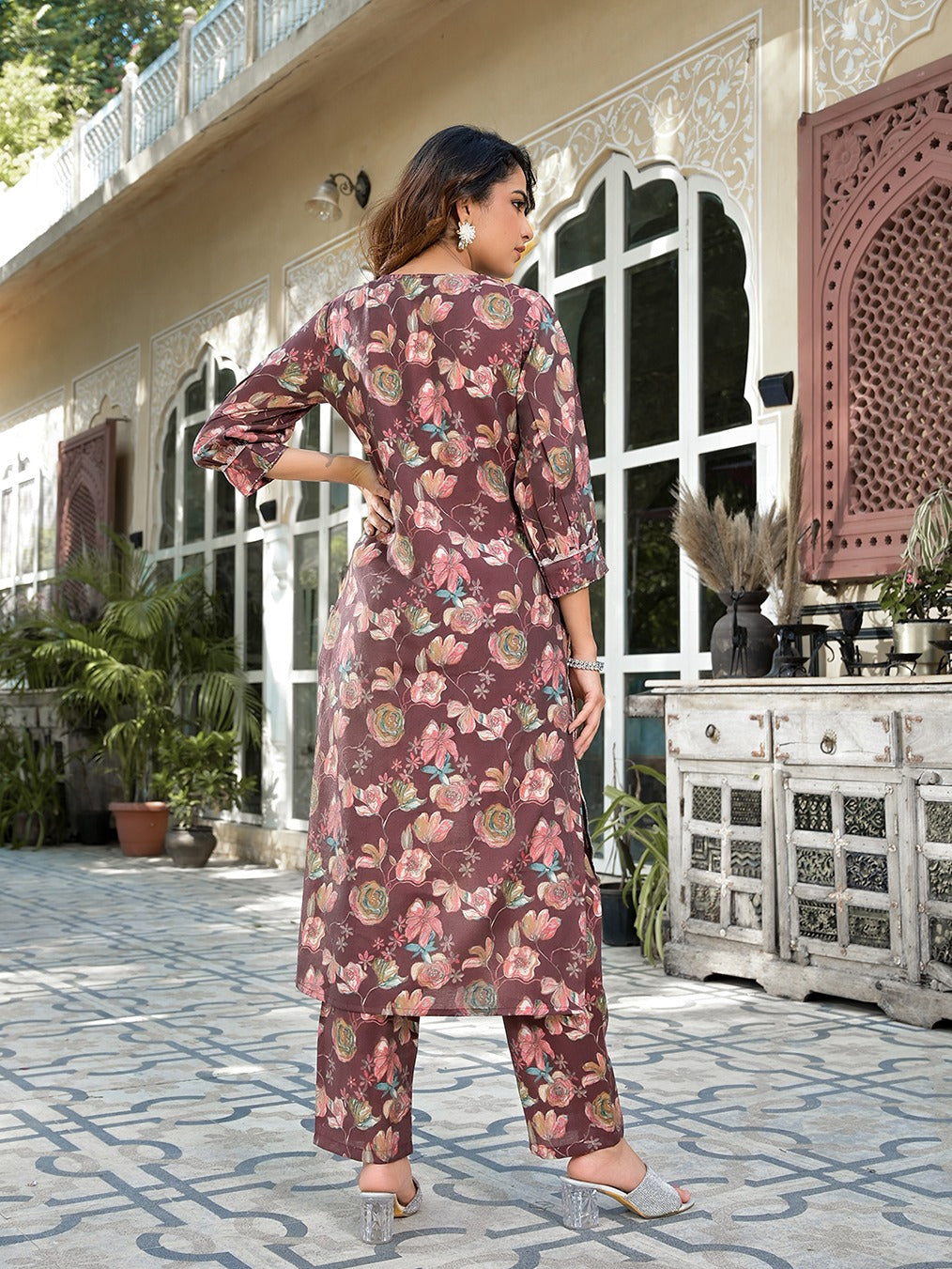 Brown Floral Print,Patch_Work Straight Kurta Trouser Set-Yufta Store-1884SETBRS