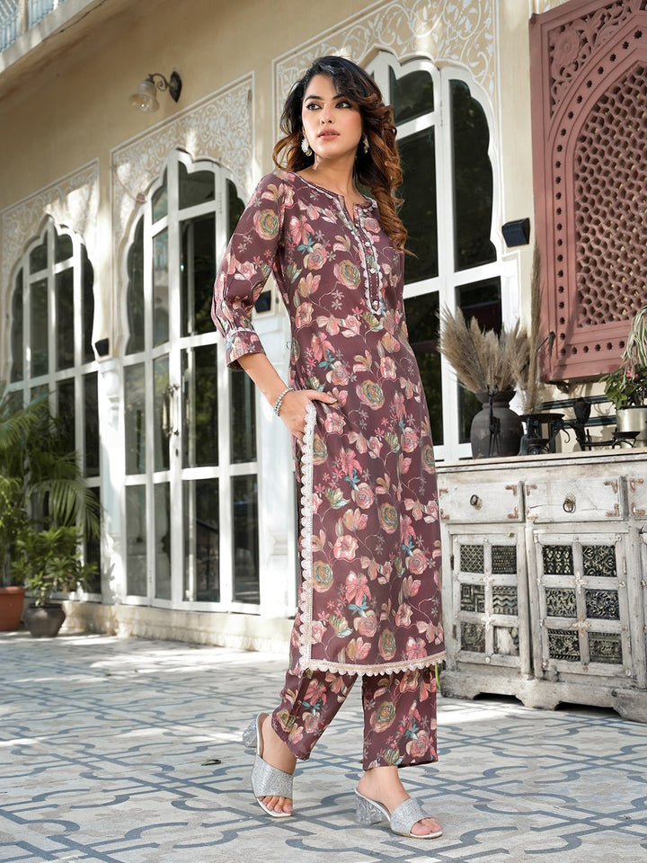 Brown Floral Print,Patch_Work Straight Kurta Trouser Set-Yufta Store-1884SETBRS