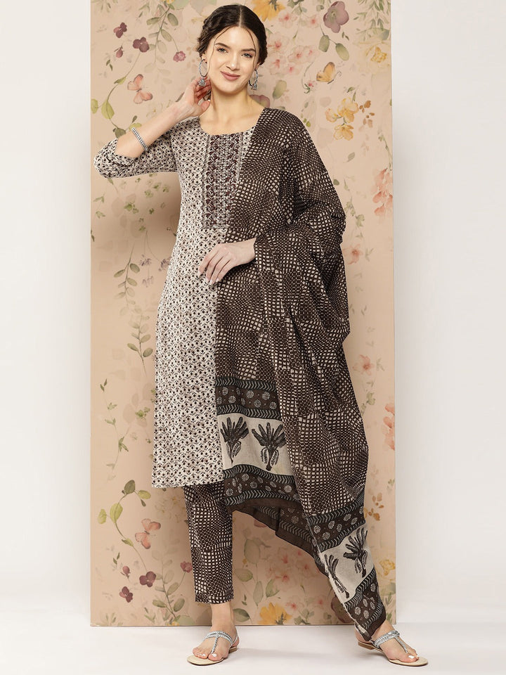 Brown Floral Printed Cotton Kurta Dupatta Set-Yufta Store-1274SKDBRS