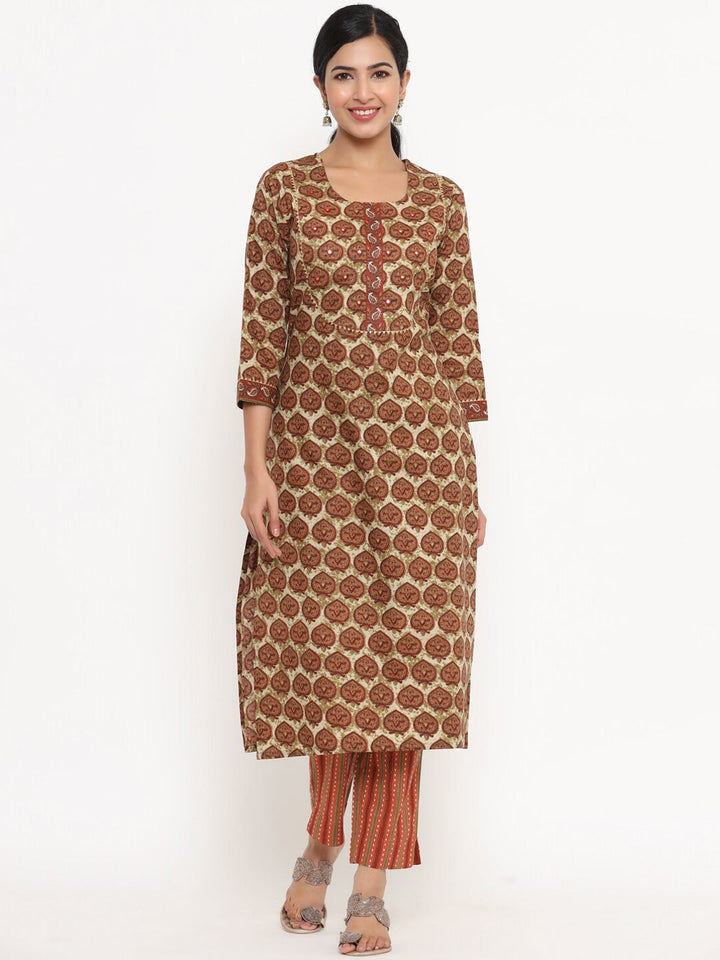 Brown Geometric Printed Dupatta Set-Yufta Store-9801SKDBRS